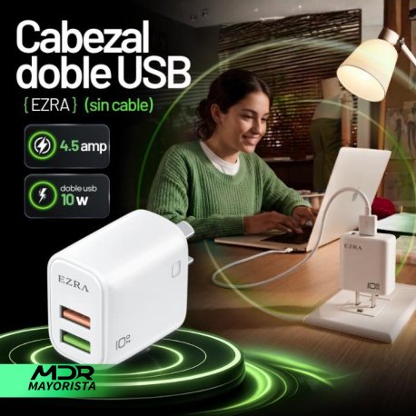 Cargador cabezal EZRA 4,5amp sin cable doble usb 10w